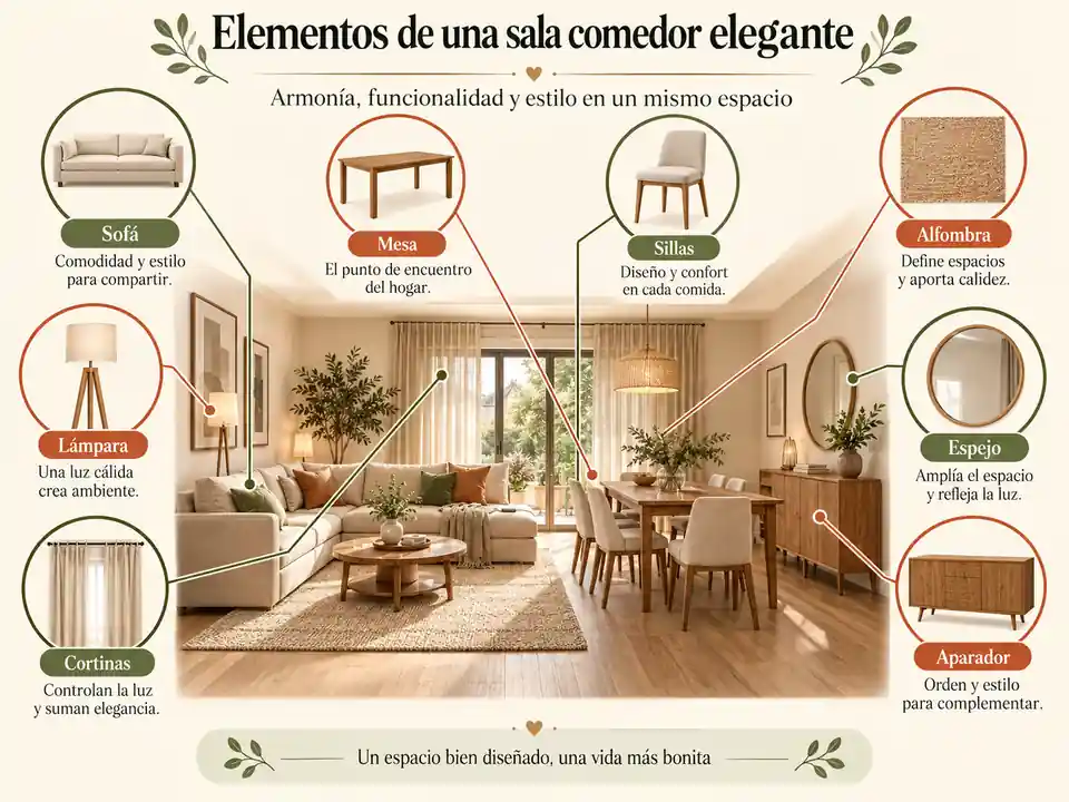 Elementos principales de una sala comedor elegante