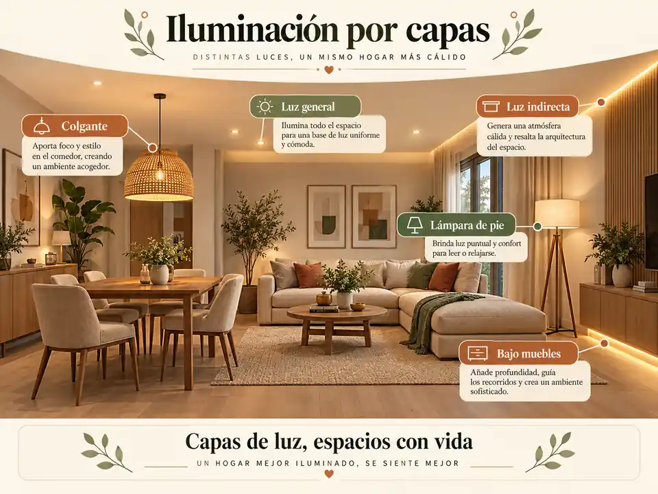 Iluminación por capas para sala y comedor