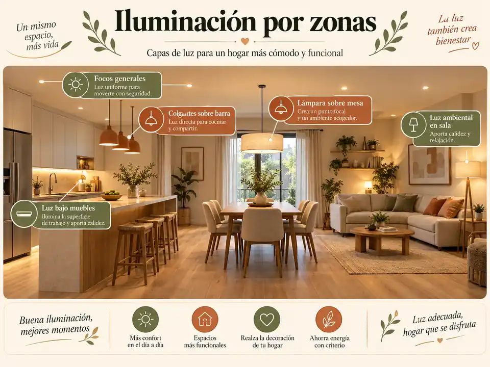 Iluminación por zonas en sala comedor con cocina integrada