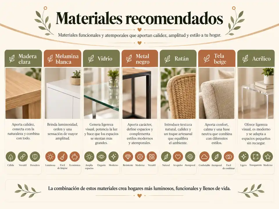 Tabla visual de materiales recomendados para muebles