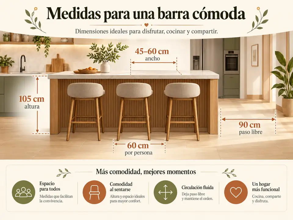 Medidas cómodas para una barra de cocina con taburetes