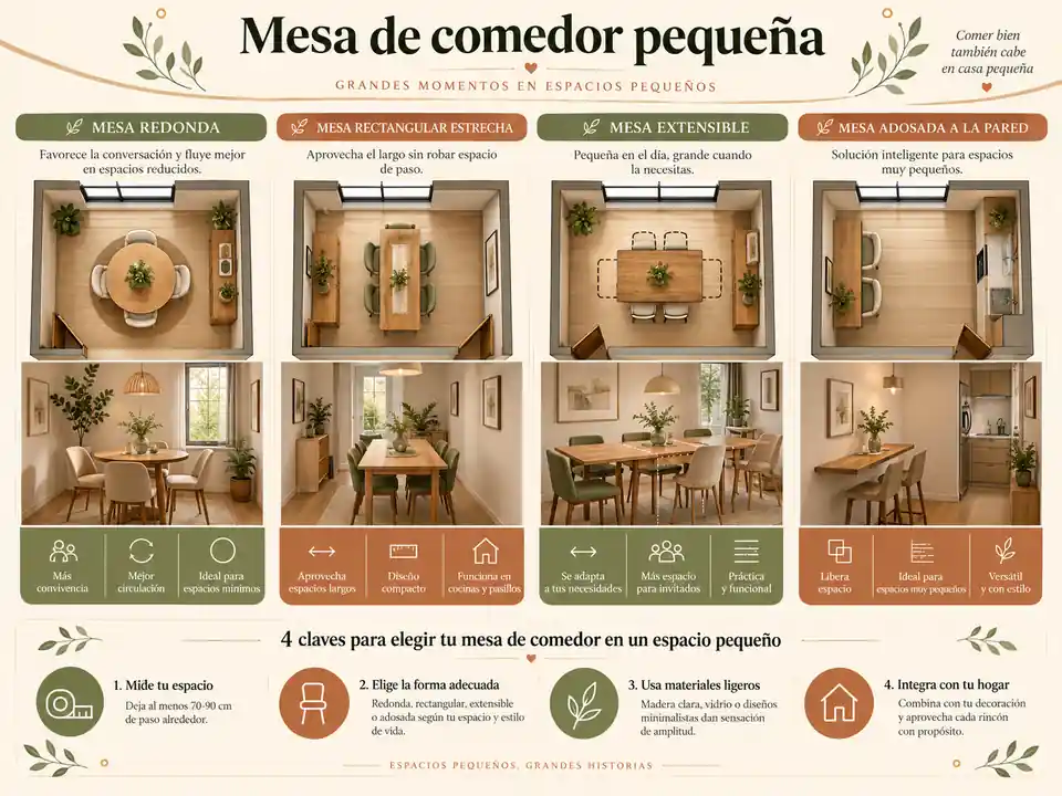Mesa de comedor pequeña con opciones de distribución