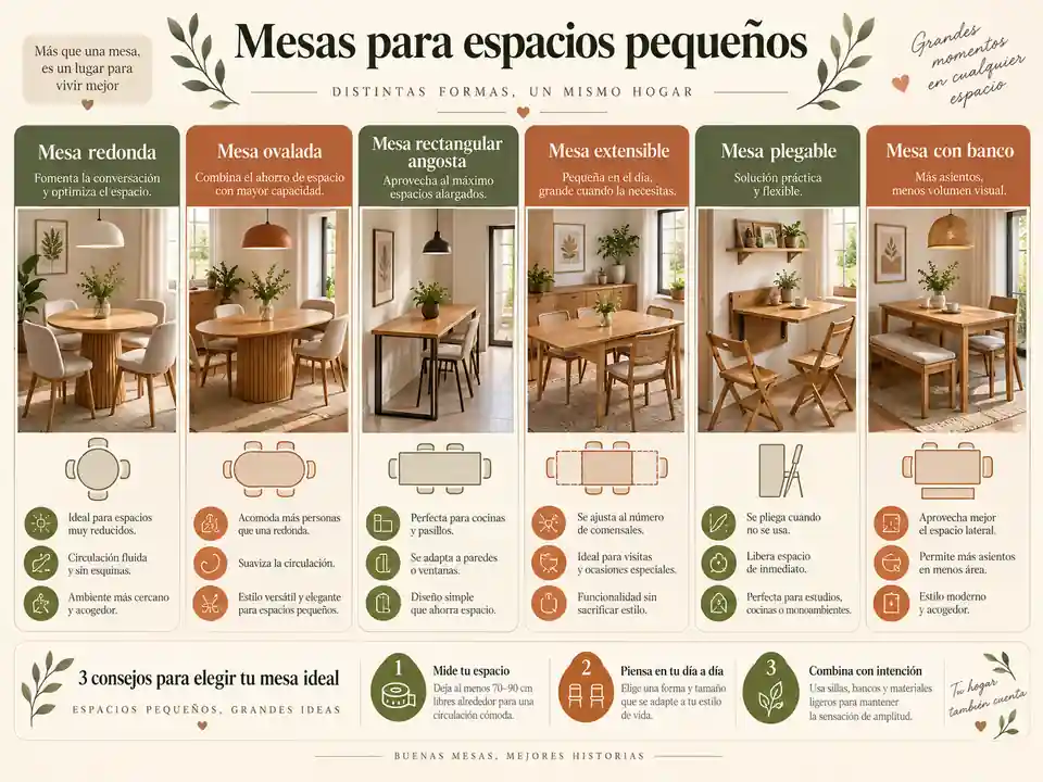 Tabla visual de mesas recomendadas para comedor pequeño