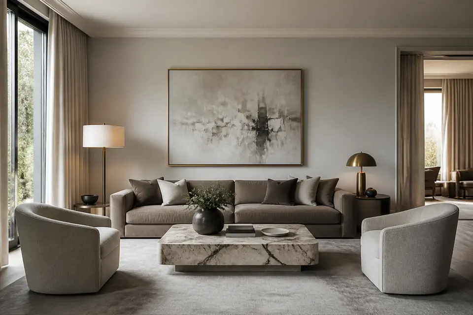 Modelo de sala elegante contemporánea con materiales refinados
