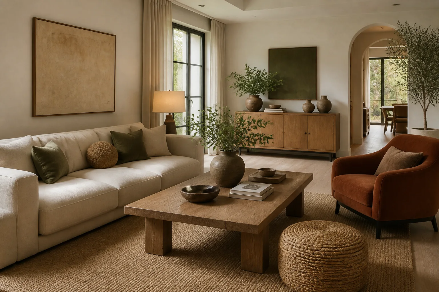 Modelo de sala moderna cálida con madera y textiles