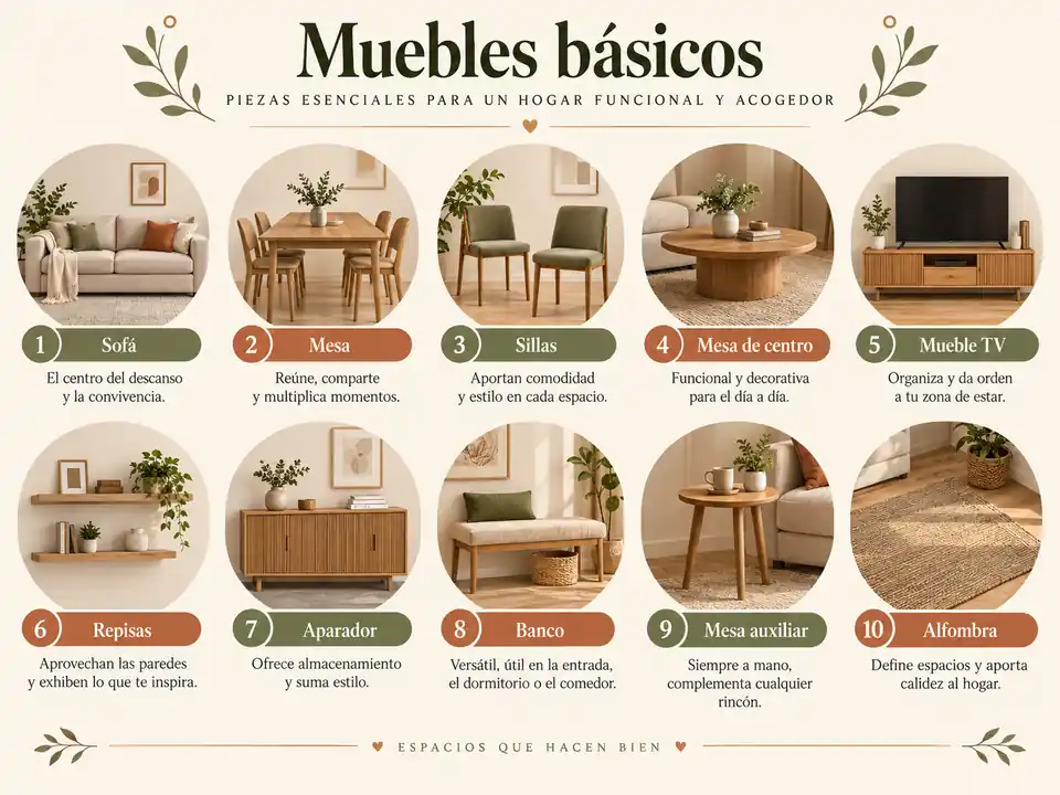 Tabla visual de muebles básicos para sala comedor pequeña
