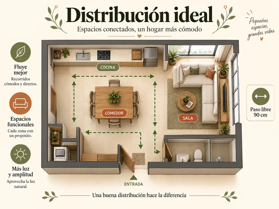 Plano de distribución ideal con cocina, comedor y sala