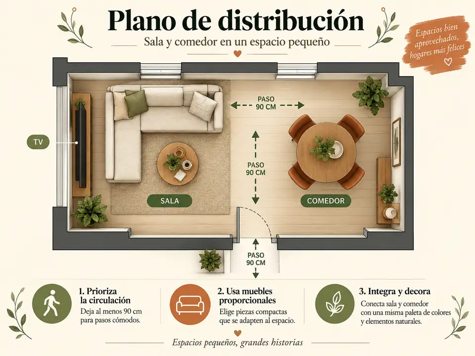Plano de distribución de muebles en sala comedor pequeña