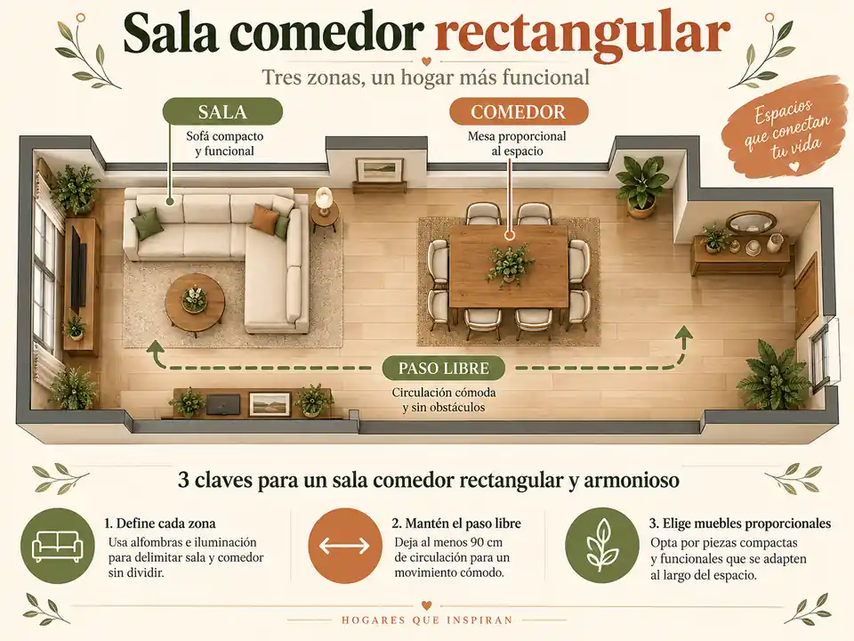Distribución de muebles en una sala comedor rectangular