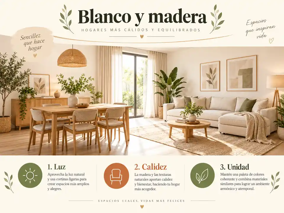 Sala comedor en blanco cálido y madera