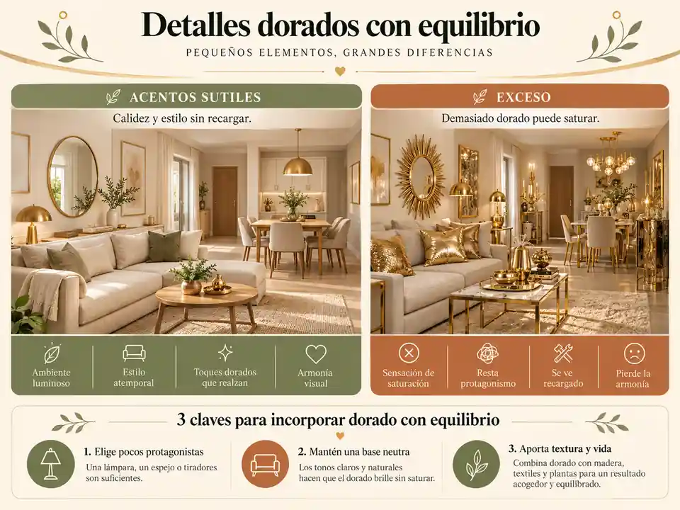 Sala comedor con detalles dorados discretos