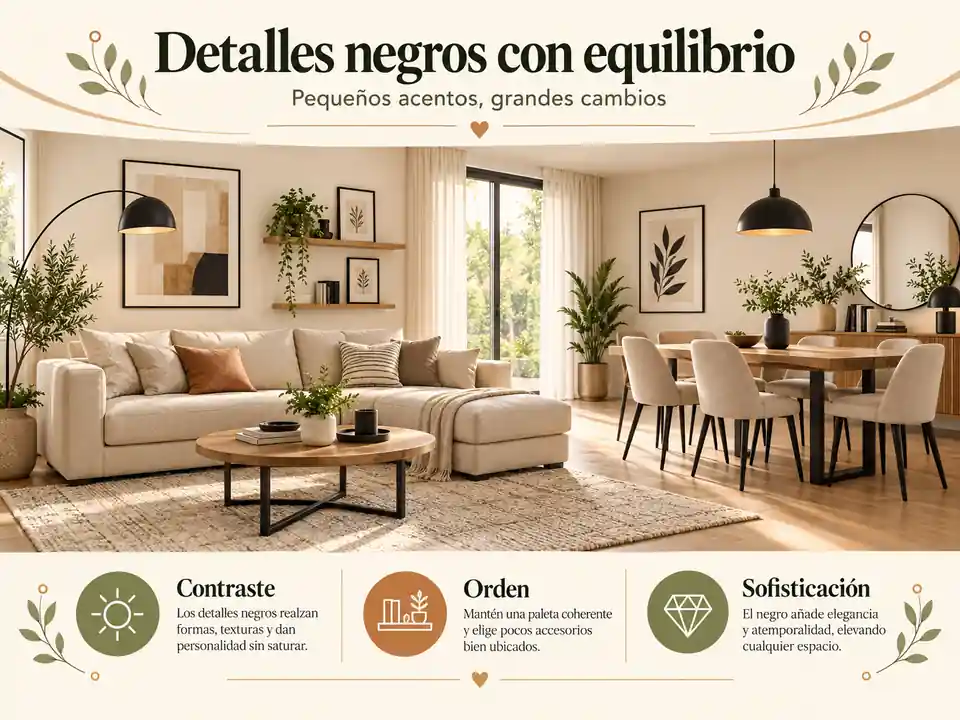 Sala comedor con detalles negros equilibrados