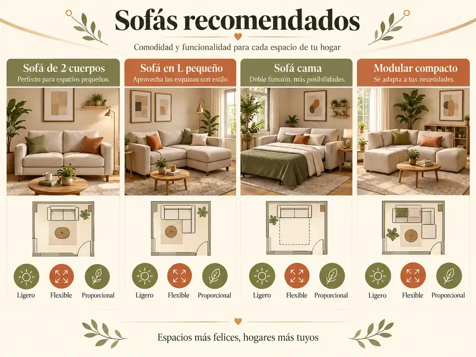Tabla visual de sofás recomendados para espacios pequeños
